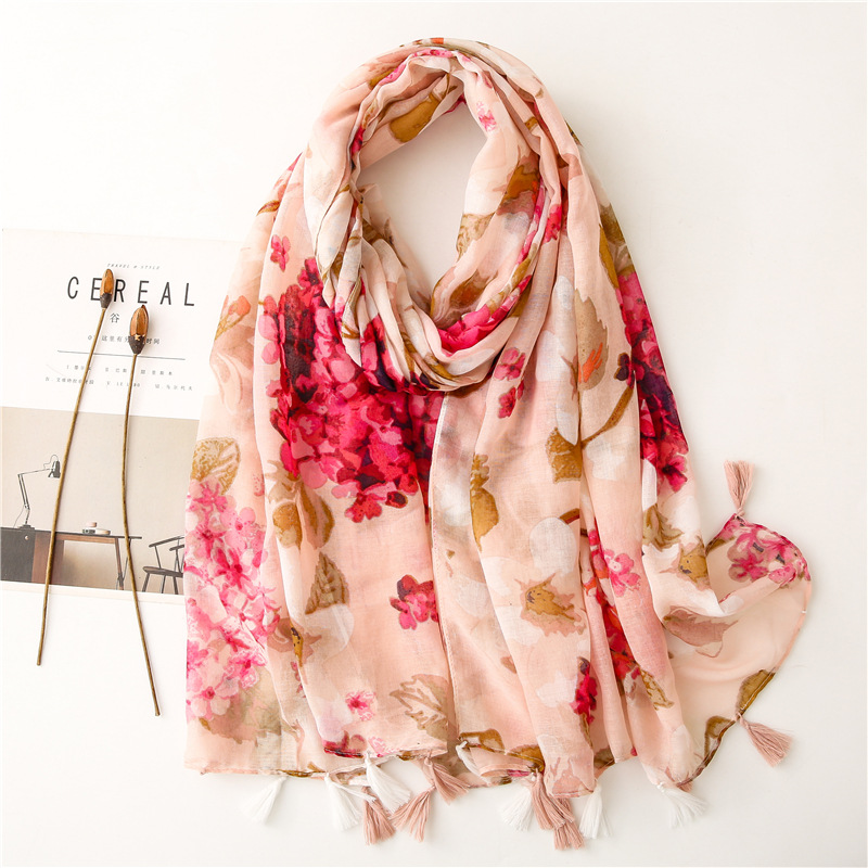 Cotton and linen hand scarf women's foreign trade export European and American retro light pink flower printed silk scarf travel anti-DDoS shawl