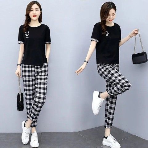Picture of Fashion Casual Suit Women's 2023 Summer New Simple Elegant Slim Split Top Plaid Pants Two-piece Set