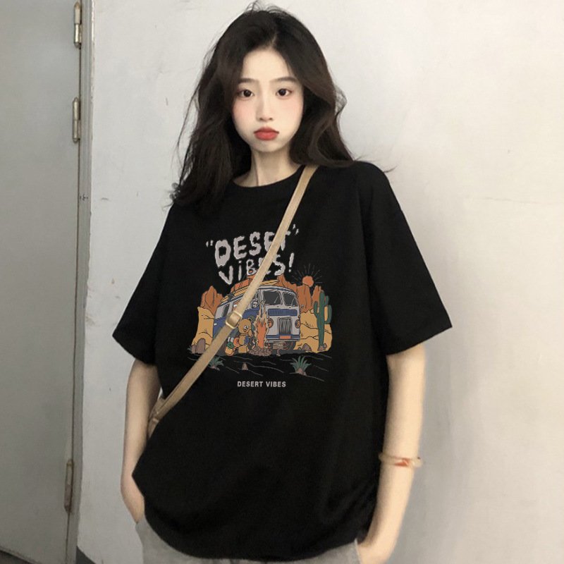American high street heavy black T-shirt cotton short-sleeved T-shirt women's summer fashion brand loose half-sleeved ins top clothes