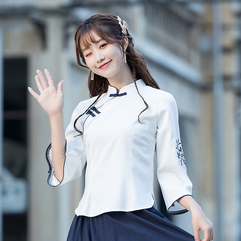 Picture of Improved Zen Tea Suit Top Embroidered with Cheongsam Style Chinese Style Three-Quarter Sleeves Bestie Outfit Stand Collar Plate Button Tang Suit Spring and Summer Zen Rhyme
