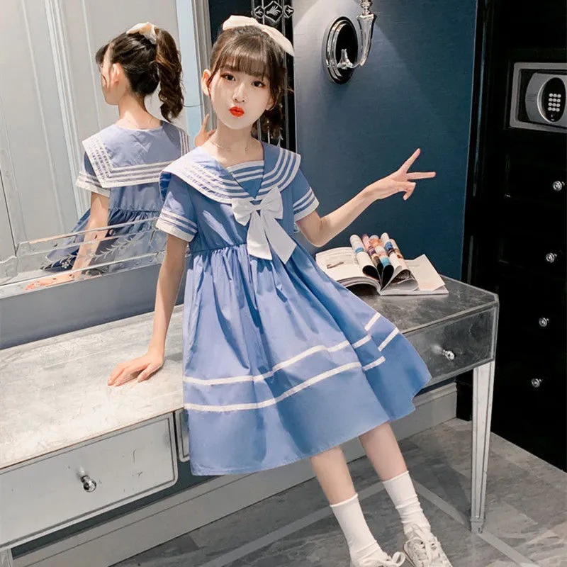 Girls' Dress Summer New Korean-style Navy Collar Skirt Big Children's College Internet Celebrity Princess Dress