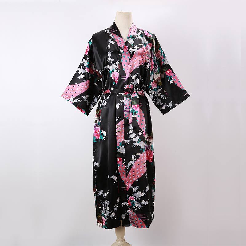 Picture of Women's Sexy Long Pajamas Summer Kimono Robe Thin Peacock Print Bathrobe Imitation Silk Kimono Nightgown Foreign Trade
