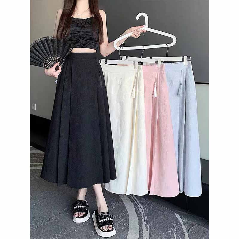 New Chinese Style National Style Jacquard Skirt Women's Spring and Autumn Elasto High Waist Pleated Skirt Mid-length Draped A- line Umbrella Skirt