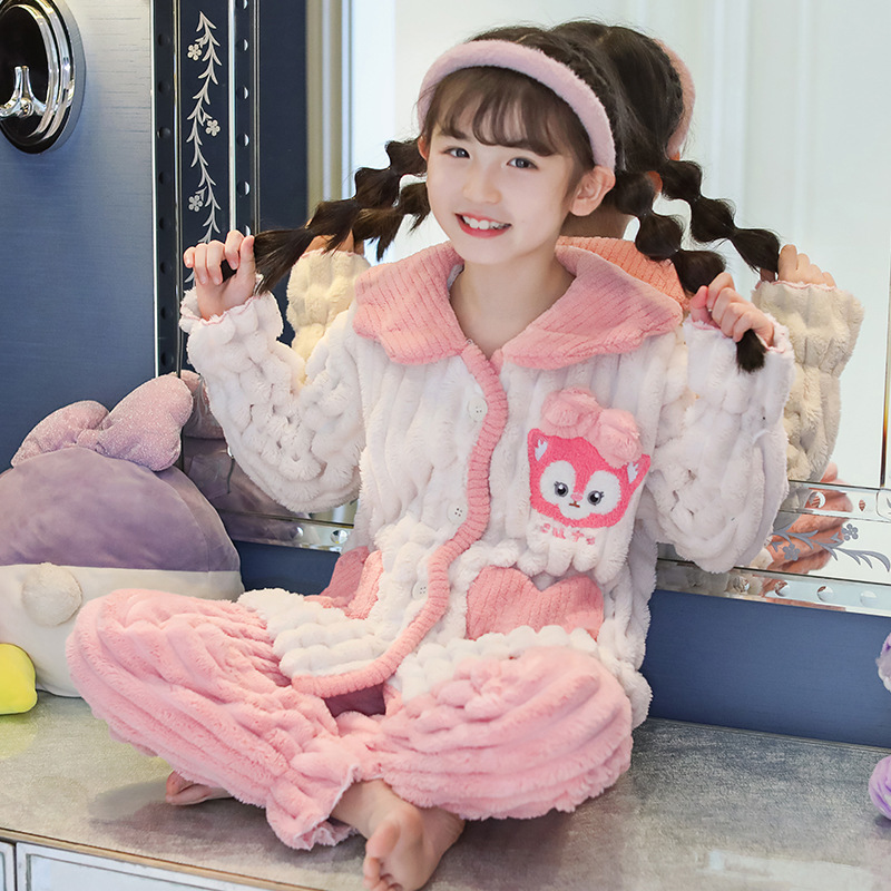 Picture of Children's Pajamas Flannel Autumn and Winter Girls' Coral Fleece Thickened Warm Style Middle and Large Children's Girls' Home Clothes suit