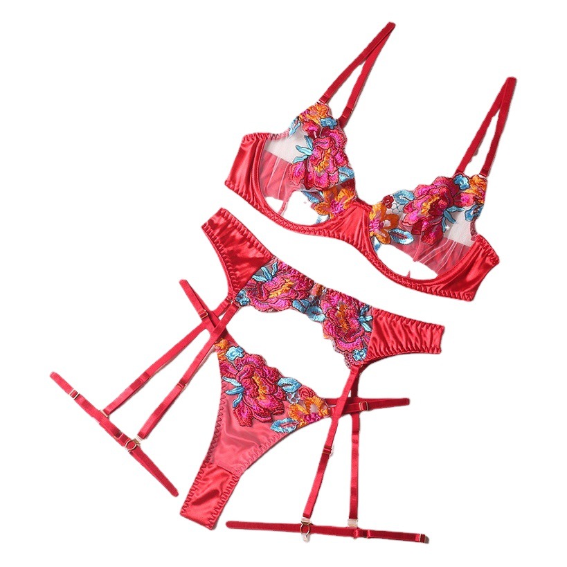 European and American style big flower embroidery color matching sexy underwear hollow hip temptation adjustable three-piece lace hip leakage