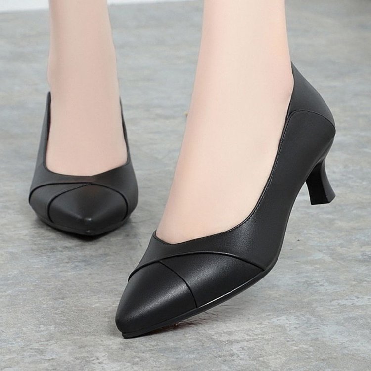Spring 2025 New High Heels Women's Work Women's Shoes Slip-on All-match Soft Sole Elegant Leather Shoes Women's Single-layer Shoes