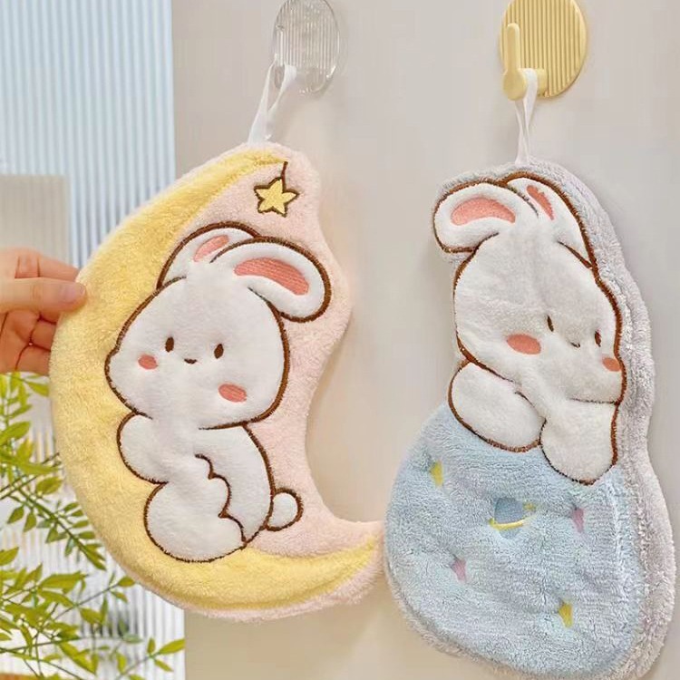 Picture of Cartoon Moon Rabbit Hand Towel Household Hanging Children's Hand Wipes Wholesale Absorbent Small Hand Towel Cute Cartoon Rag