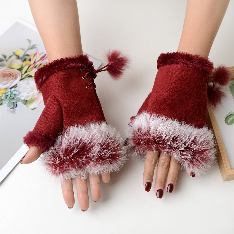 Picture of Factory sales suede rabbit fur half finger gloves women winter gloves warm gloves computer gloves wholesale