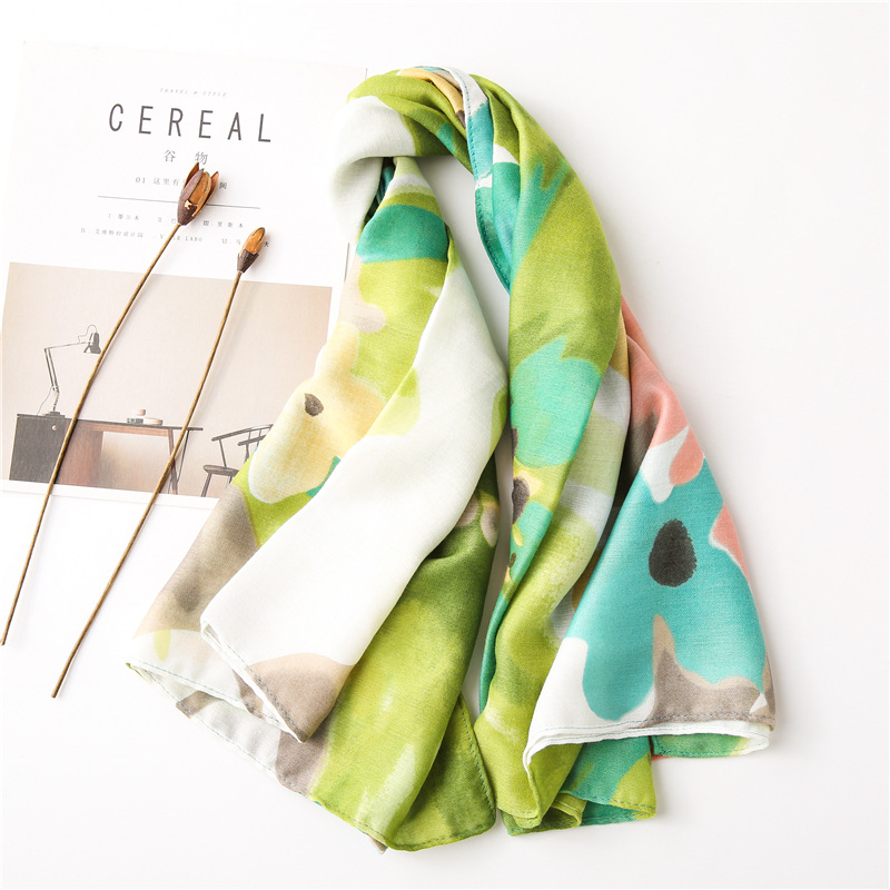 A rare color matching pink green color ink painting cotton linen large square thin versatile silk scarf shawl dual-purpose