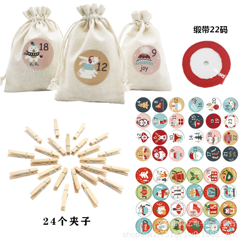 2024 New Set Countdown Advent Calendar Gift Bag Cotton Bag Drawstring Drawstring Christmas Gift Bag