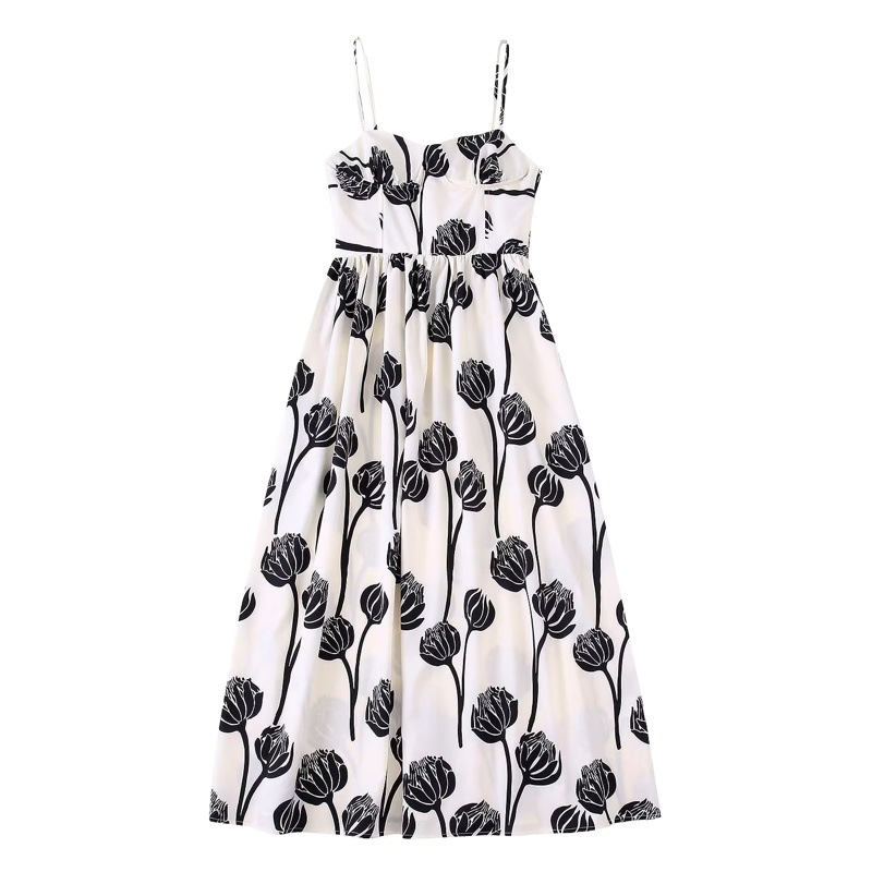 Cross-border Foreign Trade European and American-style New Women's Green Printed High Waist Backless Mid-length Sling Dress