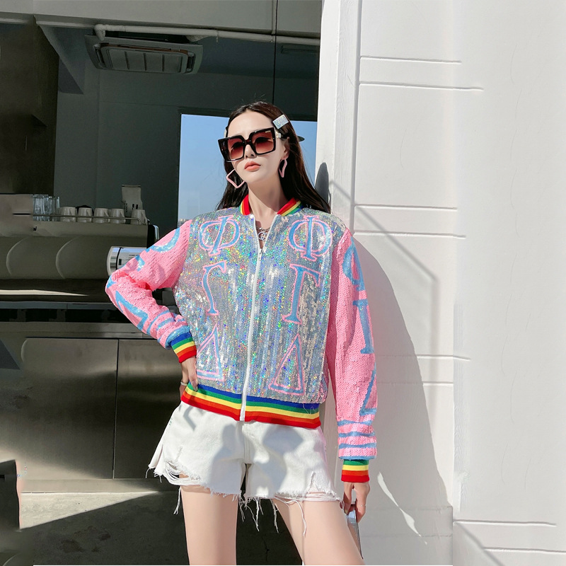Baseball Uniform Sequined Jacket New Hip-Hop Trendy Brand European Design Versatile Short Stand-Up Collar Jacket Loose Letters