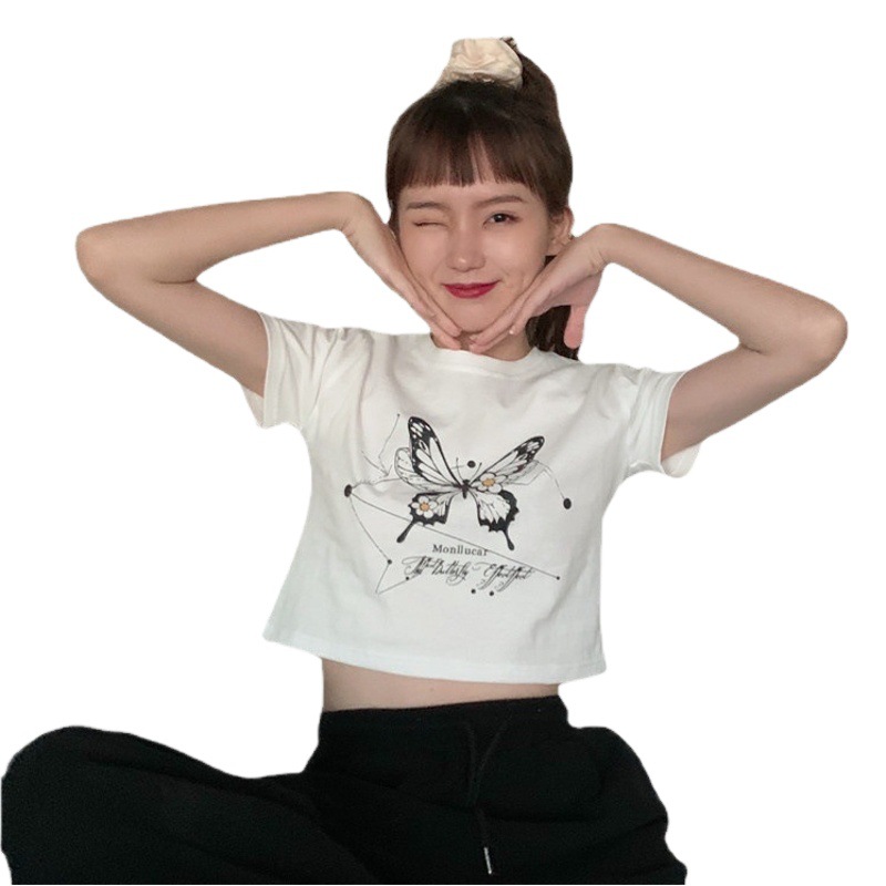 Best Friend Sister Outfit Short Short-Sleeved T-Shirt for Women 2025 Summer Cross-Border Korean Style Trendy Navel-Baring Harajuku Style Women's Top