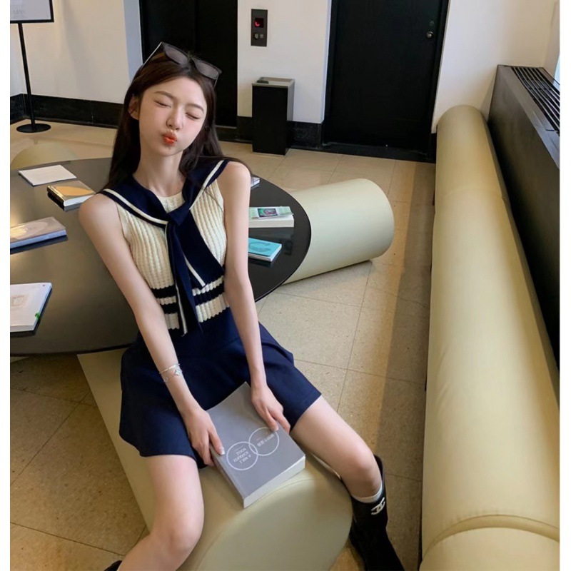 Korean Pure Lust Style Navy Collar Contrasting Color Camisole Women's Korean Summer Slimming Look Short Knitted Top