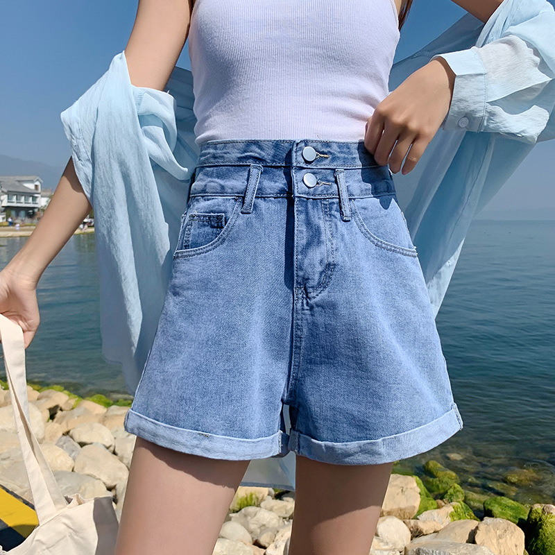 Women's Ultra-high Waist Denim Shorts Small Double Button Loose Slimming Outer Wear Straight Curled Casual Wide Leg Hot Pants Trendy