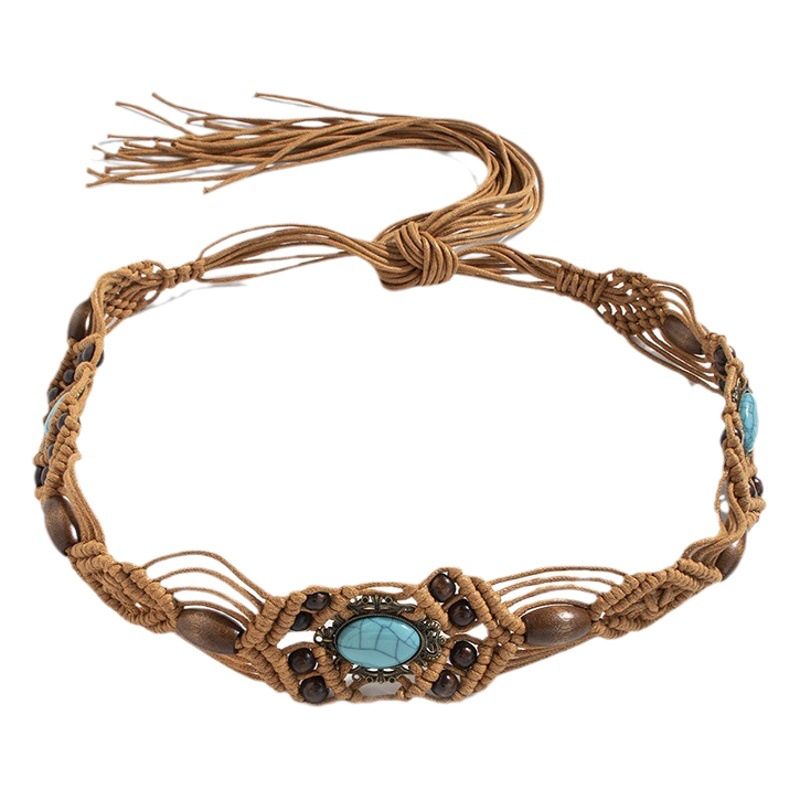 New Bohemian Style Alloy Cat's Eye Crown Beads Woven Knot Ethnic Style Handmade Holiday Women's Waist Rope