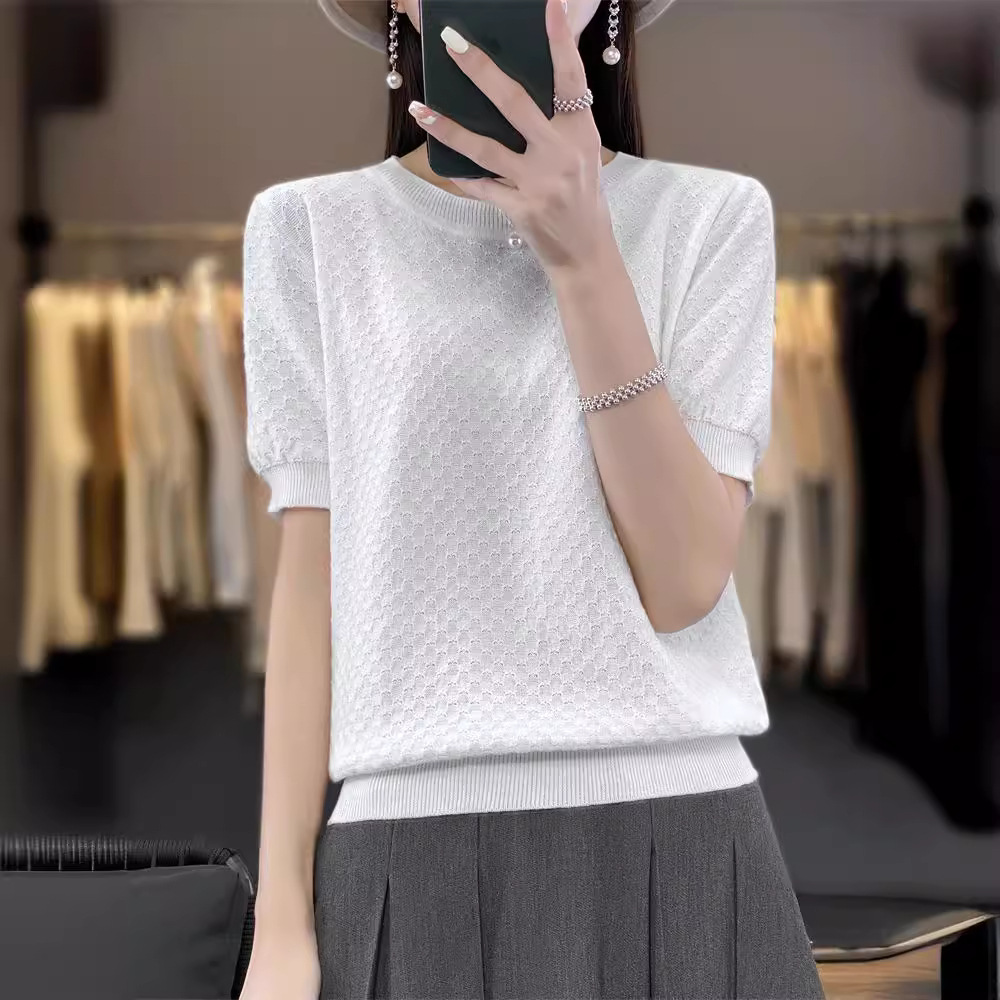 Thin Cotton Round Neck Short-sleeved T-shirt Women's Cotton Knitted Vest Solid Color Simple Loose Casual Half-sleeved Top