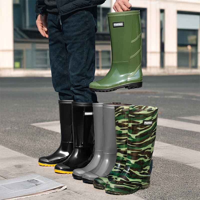 Work Safety High-Top Rain Boots Camouflage Men's Rubber Sole Waterproof Wear-Resistant Water Shoes Fleece-Lined Warm Shoes Popular on Taobao