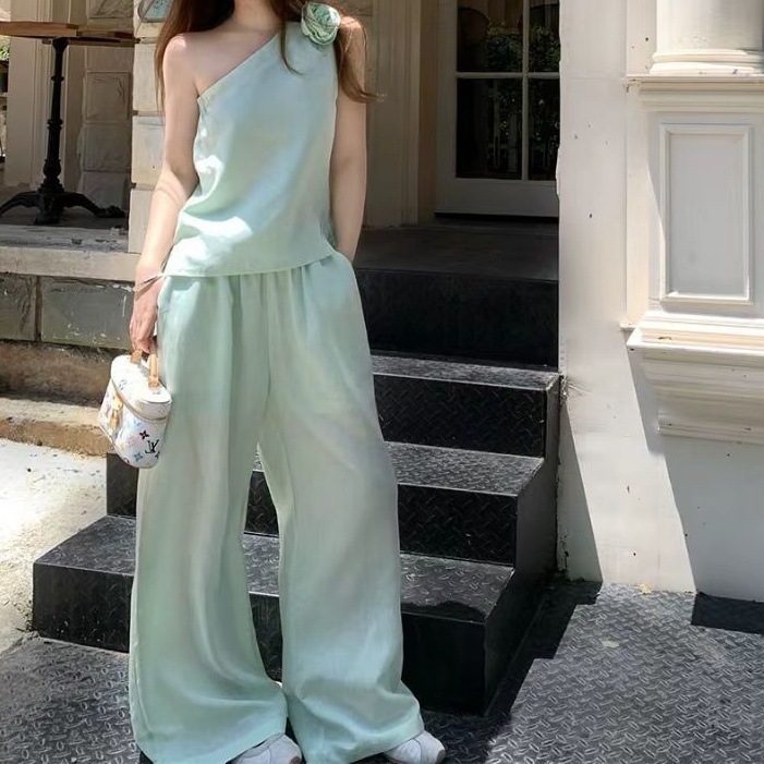 Green Suit for Women, Huge and Beautiful, 2025 Summer Fashion, Versatile High-End Two-Piece Wide-Leg Pants Suit