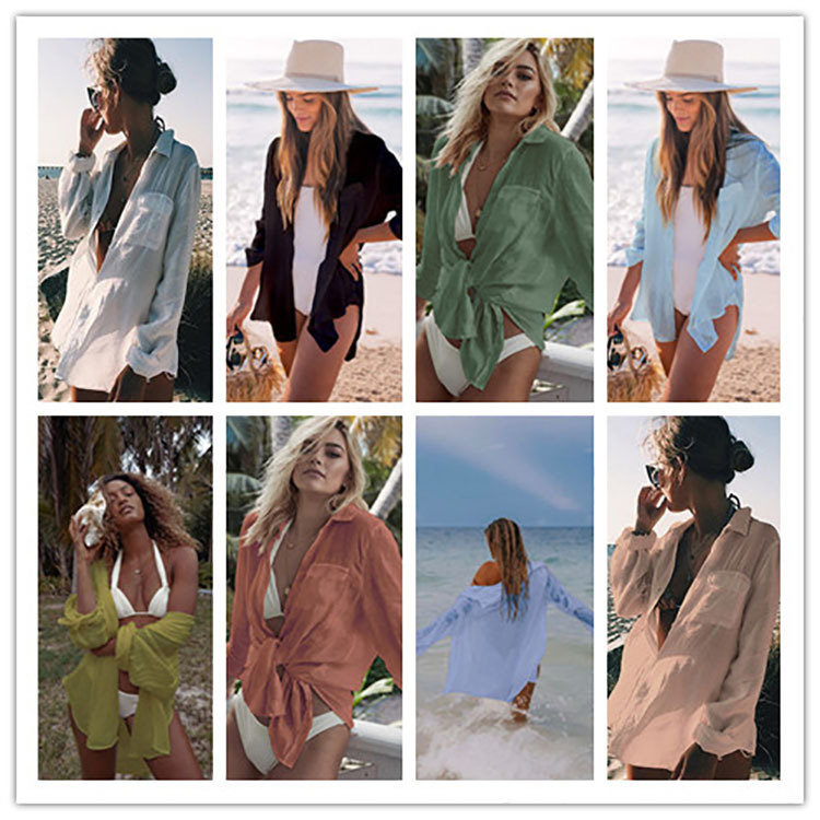 Cross-Border European and American New Wrinkled Cloth Shirt Beach Sun Protection Shirt Seaside Casual Skirt Swimsuit Outer Cover-Up 8 Colors C338