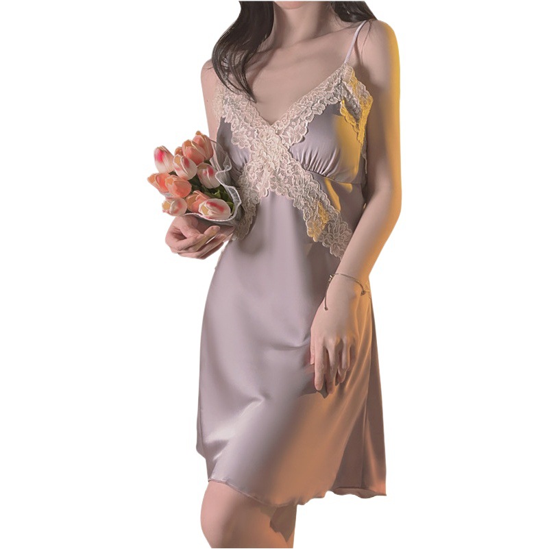 Ruoruo lazy style Deep V lace satin waist slimming suspender nightdress comfortable robe home wear suit 3789