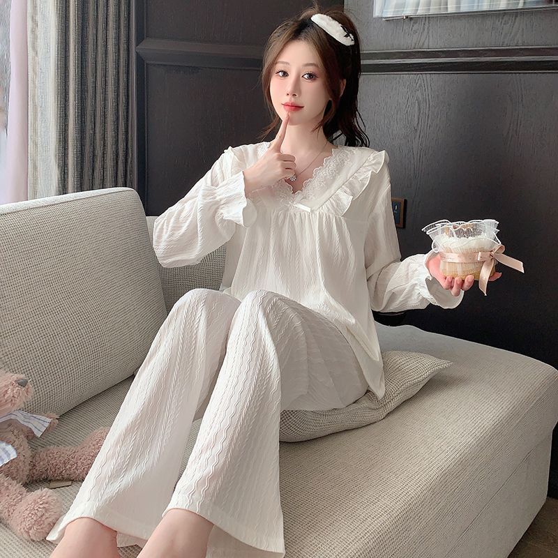 Spring New Women's Double Long Lace V-neck Simple Fresh Solid Color Princess Style Cotton Jacquard Wearing