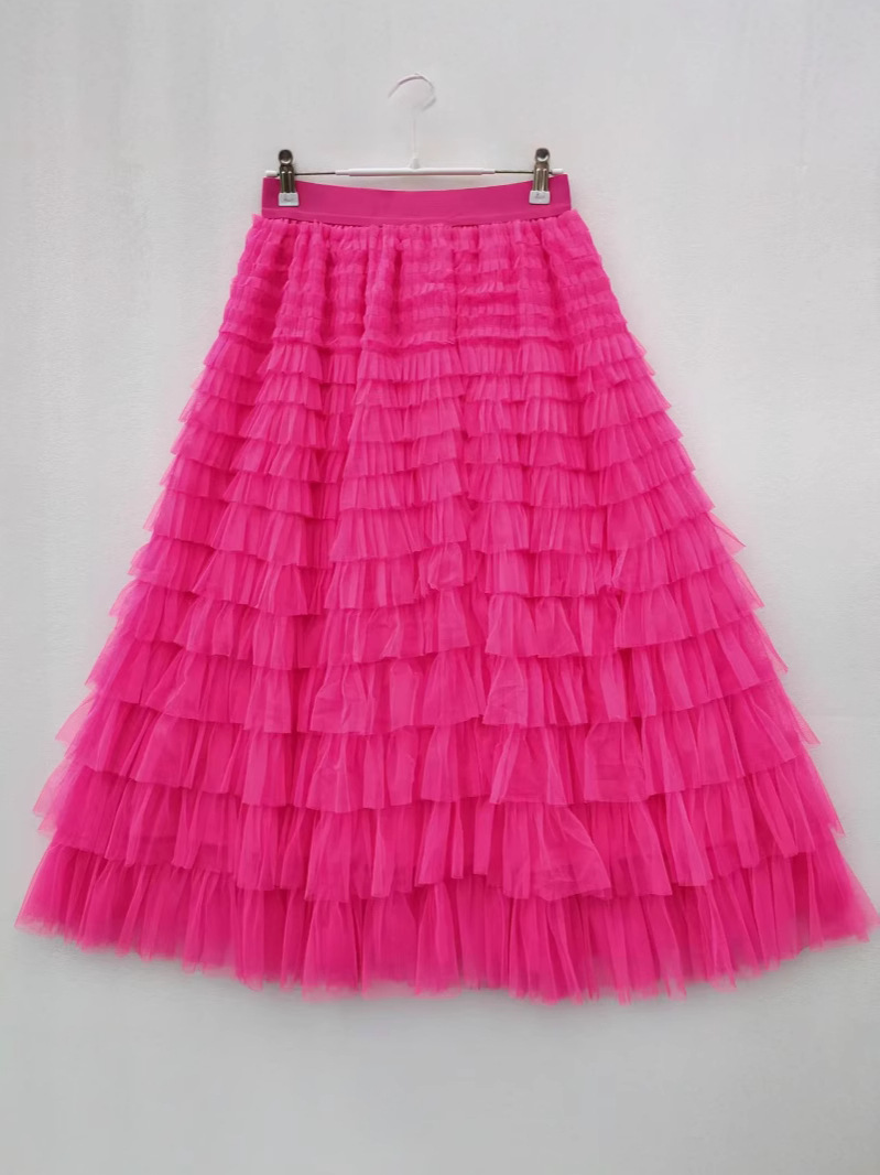 Mesh Splicing Cake Skirt 2025 Spring, Summer, Autumn and Winter New Mid-Length Skirt A-Line Long Skirt Fluffy Gauze Skirt