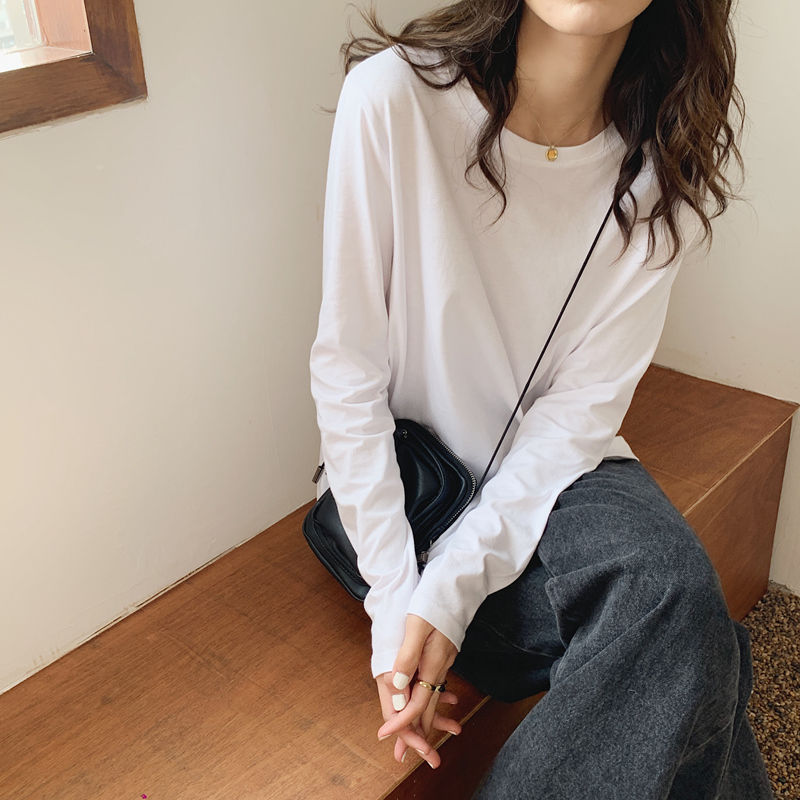 2025 White T-Shirt Long-Sleeved Female Student K-Style Loose Round Neck Versatile Pure Color Spring & Fall Bottoming Shirt Ins