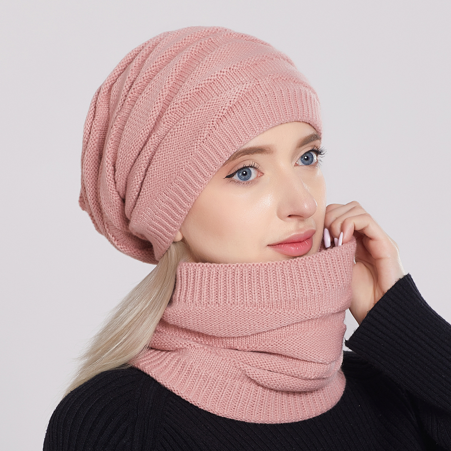 Picture of Women's Knitted Hat Winter Fleece Scarf Hat Set Diamond Knitted Wool Hat Scarf Two-Piece Set for Men