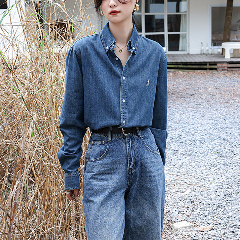 2024 American retro old money style denim shirt female Zheng Xiujing same style pony embroidered casual shirt jacket