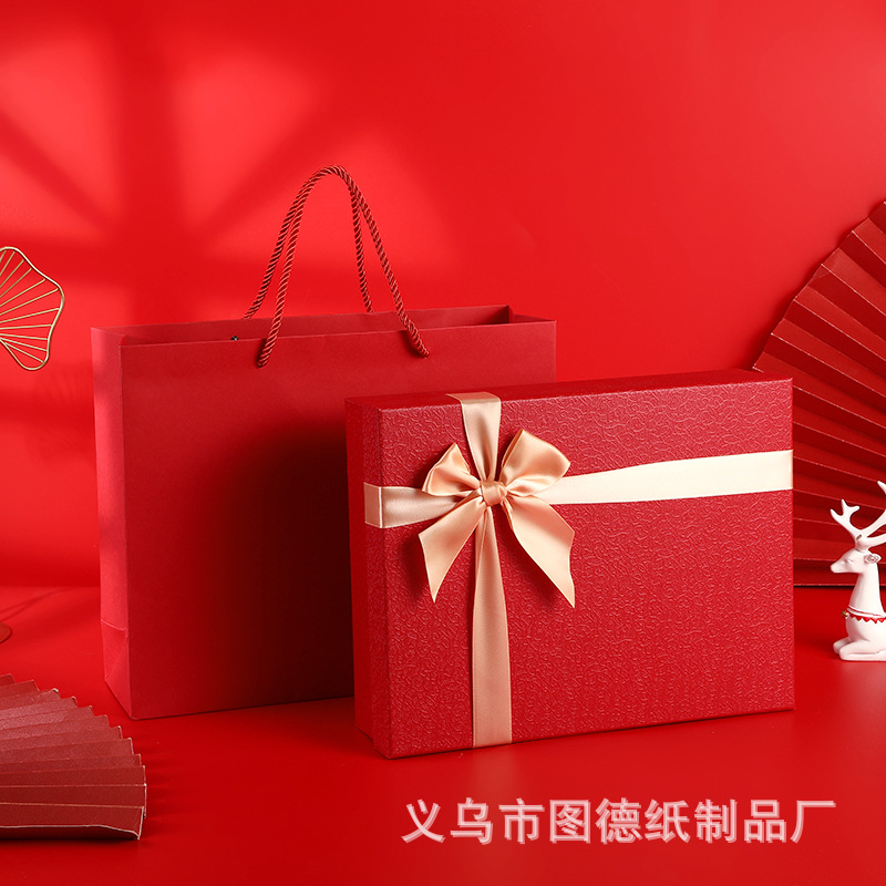 Golden Bow Large Packaging Box Red Heaven and Earth Cover Rectangular Portable Box Wedding Companion Gift Box Candy Box
