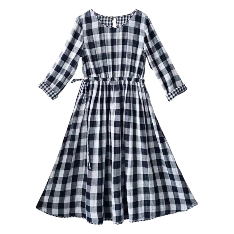 2025 Spring/Summer Literary Style Lace-Up Double-Layer Composite Cotton Plaid Loose Plus-Size Women's Waist-Cinching Flared Long Dress