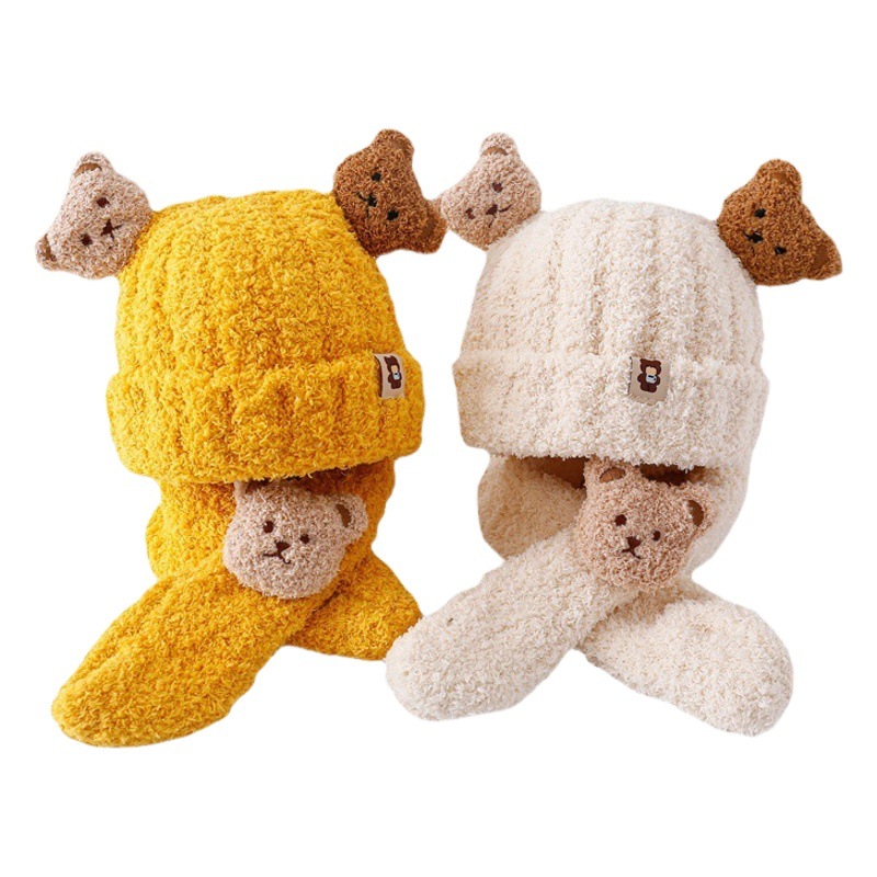 Children's hat baby bear baby scarf knitted hat warm autumn and winter two-piece set fleece-lined wool hat wholesale