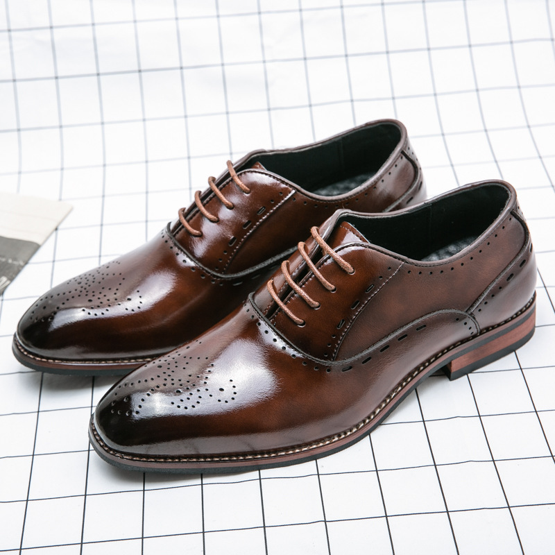 Brock Carved Leather Shoes Men's Business Dress Men's Leather Shoes Korean Style Pointed Toe Youth Platform Groom Best Man Wedding Shoes