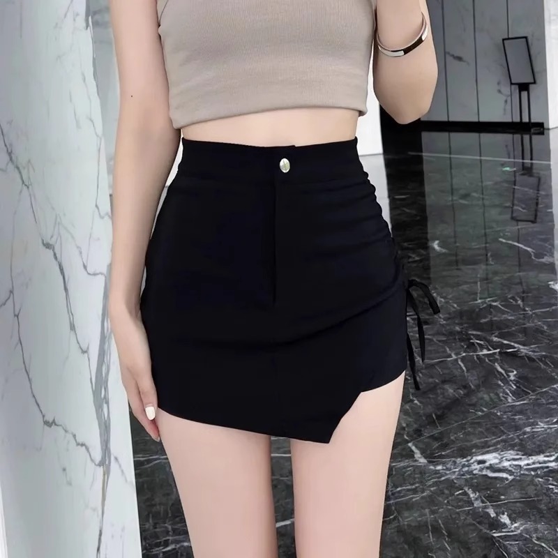 Irregular Drawstring Black Skirt Women's Summer Hot Girl High Waist A- Line Suit Skirt Elegant Slim-fit Hip Skirt