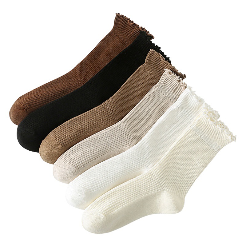 Pile socks women's Japanese autumn and winter double needle vertical stripe cotton mid-calf socks solid color fungus lace short women's socks