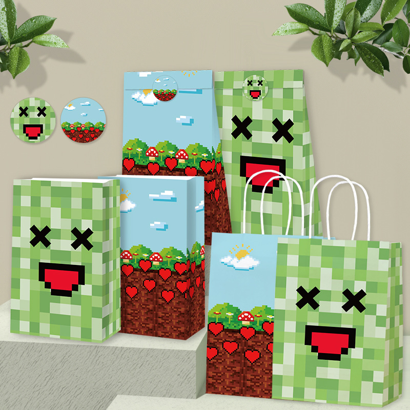 Cartoon Minecraft Kraft Paper Tote Bag Birthday Party Accompanying Gift Bag with Sticker Sticker Handbag