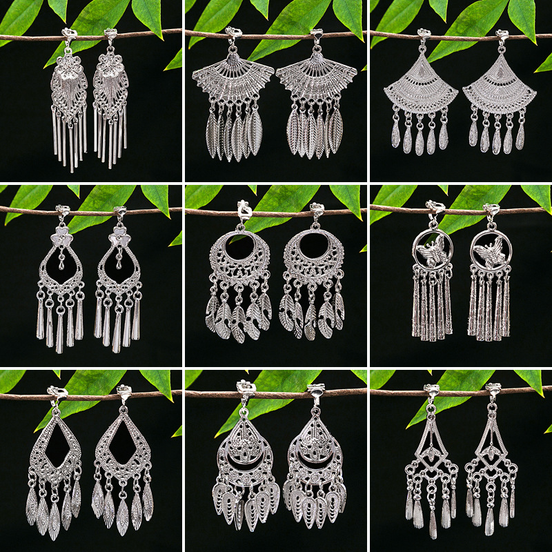 European and American Cross-border Ethnic Style Geometric Tassel Ear Clip Miaoyin Retro Elegant Minority Ear Headwear Women