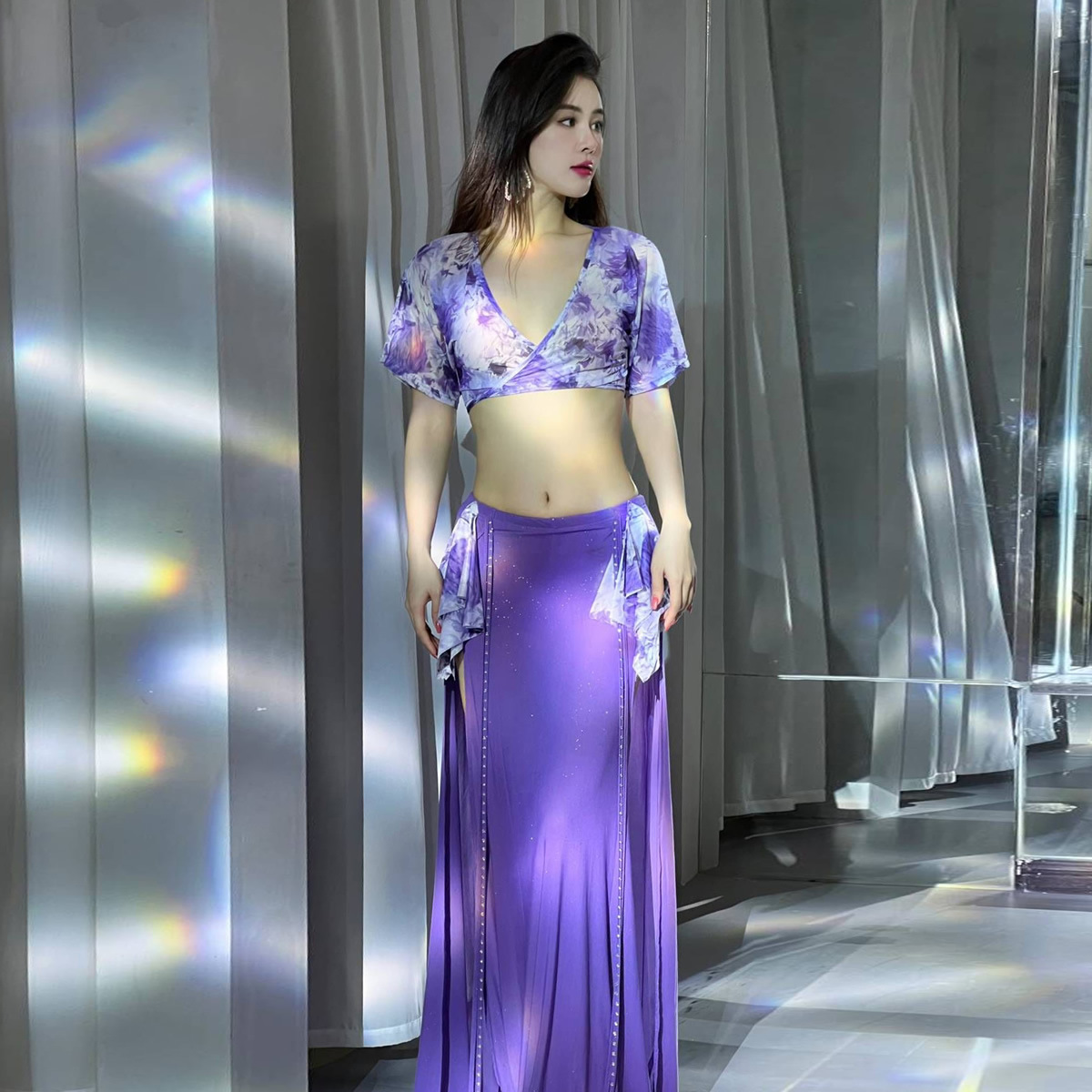 Dancers Original Niche Design Belly Dance Clothing Summer Printed Mesh Training Clothing suit Class Clothing 5038