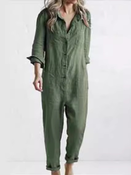 Picture of 2024 cross-border foreign trade hot casual lapel pocket long sleeve solid color cotton jumpsuit green