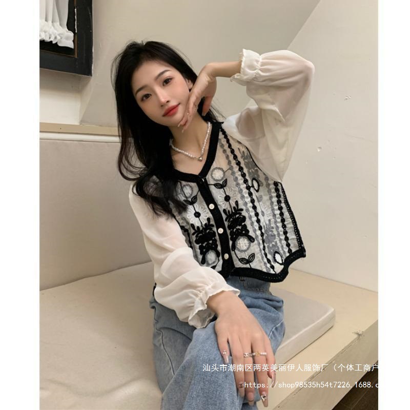 Picture of Shirt Spring Women's 2023 New Long-sleeved French Retro Gouhua Lace Puff Sleeve V-neck Sweater Top Trendy 1