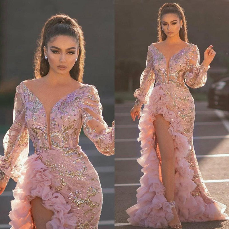 2025 Autumn European and American New Cross-Border Women's Clothing Independent Station Sexy Mesh Tail Sequin Slit Pink Evening Dress