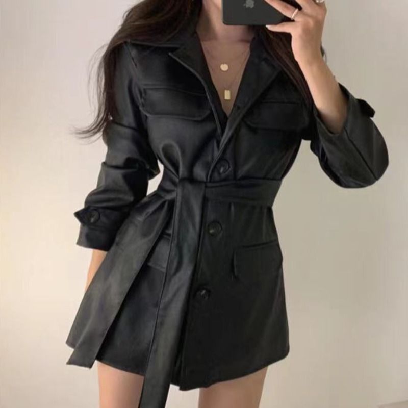 Picture of Korean Chic Niche Versatile Waist Slimming Look Mid-Length Handsome Motorcycle Leather Jacket Women's Autumn and Winter Long-Sleeved Top
