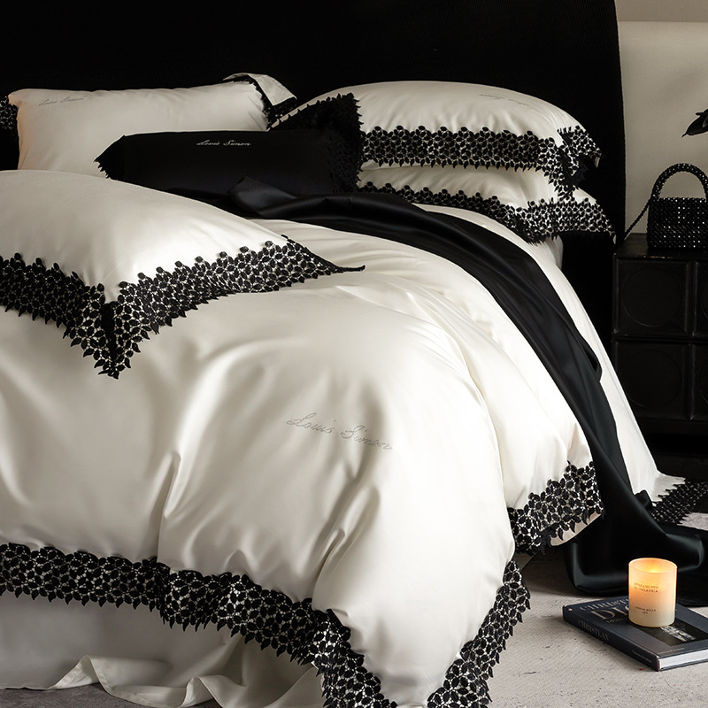 Spring and Summer Smooth Tencel Cotton, French Elegant S100 Lyocell Cotton Four-Piece Set Black Lace Cool Nude Sleep