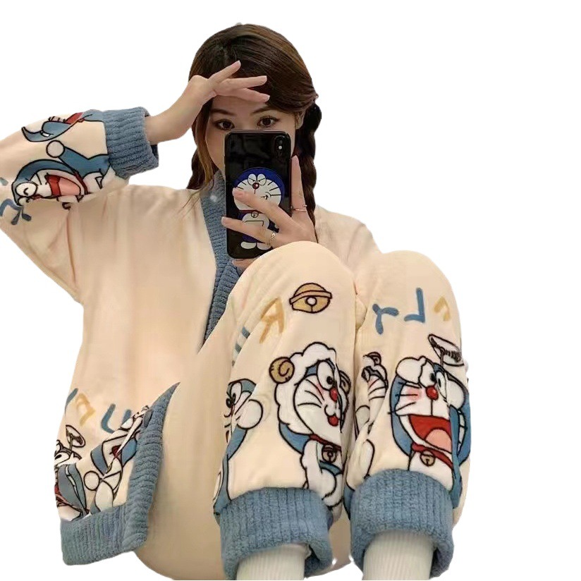 Coral Velvet Pajamas for Women Autumn and Winter Long-Sleeved 2024 New Doraemon Flannel Thickeneded Home Clothes Set