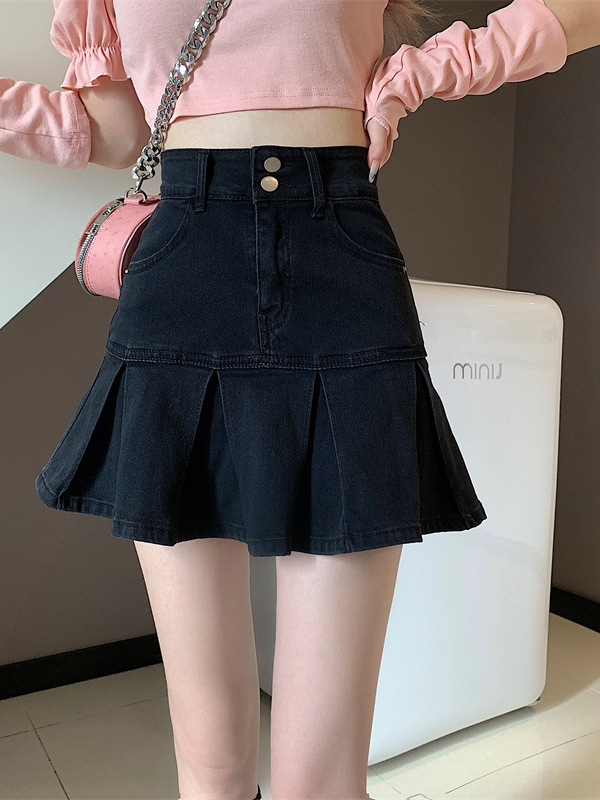High-Waisted Pleated Denim Skirt for Women 2025 New Summer Elastic Petite A-Line Ruffled Hot Girl Hip-Hugging Skirt Pants