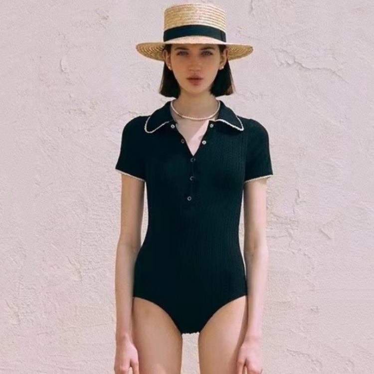 2023 New Foreign Trade Swimwear Sexy Slim-fit Fashionable Small Lapel Button Embellishment Belly Covering Conservative Swimsuit for Women