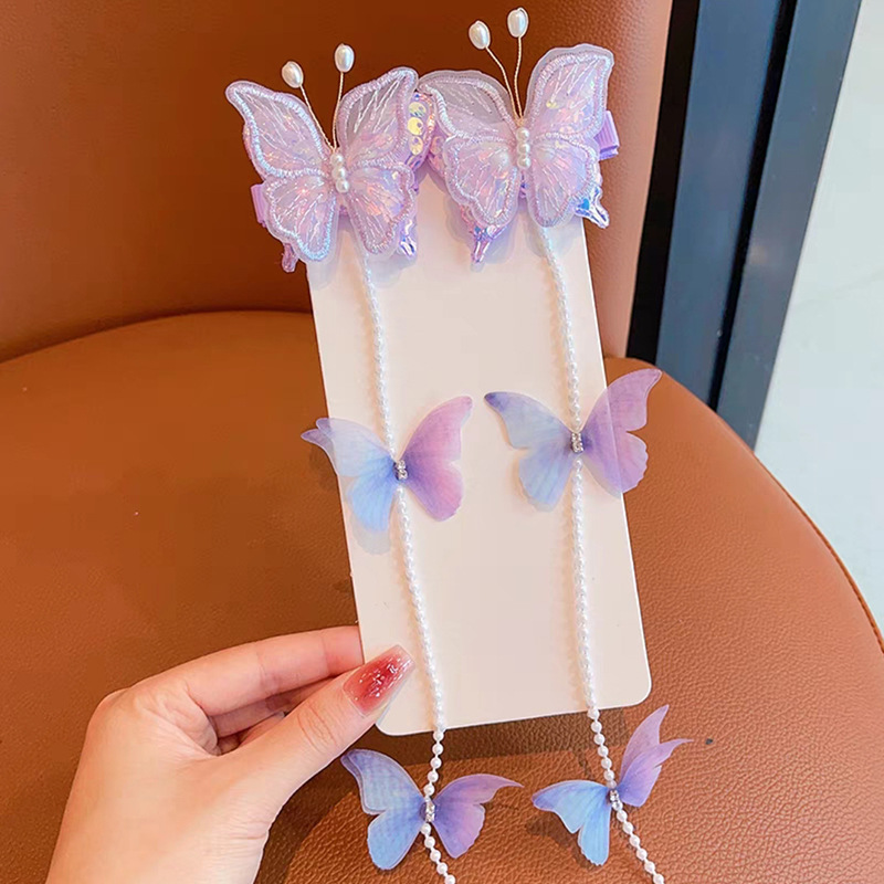 Picture of Little girl's new ancient style handmade butterfly pearl chain braided hairpin princess fairy head flower bead hair band headdress