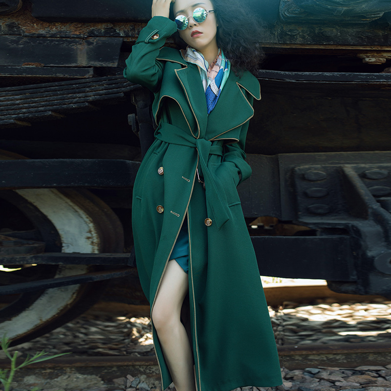 Picture of Dark Green Mid-Length Trench Coat 2025 Spring and Autumn New Slim-Fit Long Coat with a British Style and Double-Breasted Design