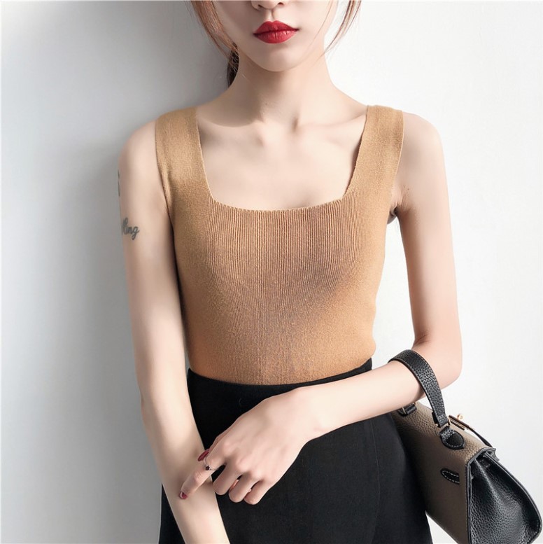 Summer New Korean Style Casual Solid Color Scheming Square Collar Base Knitted Vest Women's Short Slim-fit Sleeveless Small Sling